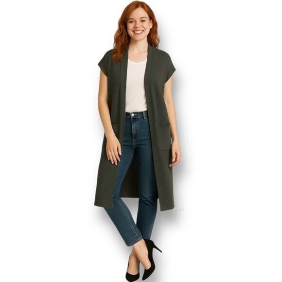 NWT Tahari Large Green Open Front Cardigan Long Vest Pockets Layering Lagenlook - Picture 1 of 7